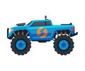 Monster Truck Vehicle, Blue Pickup with Large Tires, Heavy Professional Transport Vector Illustration