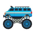 Monster Truck Vehicle, Heavy Blue Van Car with Large Tires Vector Illustration