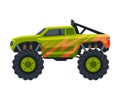 Monster Truck Vehicle, Heavy Green Pickup Car with Large Tires Vector Illustration