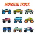 Monster Truck Vehicles Collection, Colorful Cars with Big Wheels, Heavy Professional Transport Vector Illustration