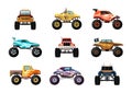 monster trucks. aggressive big sport cars extreme outdoor big wheels truck. Vector illustrations set isolated on white Royalty Free Stock Photo
