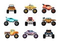 monster trucks. aggressive big sport cars extreme outdoor big wheels truck. Vector illustrations set isolated on white