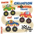 Monster trucks with animals on race track