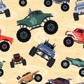 monster trucks pattern. textile design templates for kids room interior with big wheel colored cars for extreme sport