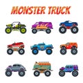 Monster Trucks Vehicles Collection, Heavy Cars with Large Tires Vector Illustration