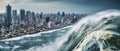 monster tsunami in front of a city, generative ai illustration