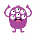 Monster violet silhouette. Cute cartoon kawaii scary funny character. Baby collection. Many eyes, tooth tongue, hands up. White