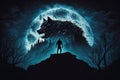 monster werewolf on top of a cliff on background of moon at night. Generative AI illustration Royalty Free Stock Photo