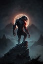 monster werewolf on top of a cliff on background of moon at night. Generative AI illustration Royalty Free Stock Photo