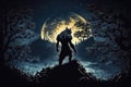 monster werewolf on top of a cliff on background of moon at night. Generative AI illustration Royalty Free Stock Photo