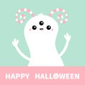 Monster white pink silhouette. Happy Halloween. Cute cartoon kawaii scary character icon. Eyes, striped horns, hands up boo. Funny