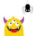 Monster yellow head looking at hanging black spider. Three eyes, teeth fang, horns, hands up. Cute kawaii cartoon funny baby Royalty Free Stock Photo