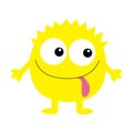 Monster yellow round silhouette. Two eyes, tongue, hands. Cute cartoon kawaii scary funny character. Baby collection.Happy