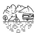 Summer Camp trailer, van, RV, rocky mountain lineart design