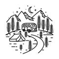 Summer Camp pine tree, trailer, van, RV, rocky mountain line art design Royalty Free Stock Photo