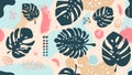 Monstera Contemporary Seamless Patterns. Hand Drawn Tropical Jungle leaves and Abstract Brush Stroke Royalty Free Stock Photo