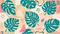 Monstera Contemporary Seamless Patterns. Hand Drawn Tropical Jungle leaves and Abstract Brush Stroke Royalty Free Stock Photo