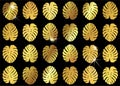 Monstera golden fashion design background. Vector seamless pattern with gold tropical leaves. Shiny Monstera leaves texture.