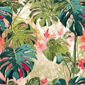 Colorful Monstera Leaves Nature Illustration Seamless Pattern POD Design Tropical