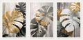 Monstera leaves Simple, abstract, textured, shaded, grey, black and white tropical leaves with touches of gold, oil painting Royalty Free Stock Photo