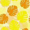 Monstera leaves tropical bright pattern. Exotic summer yellow orange leaves colorful texture. Textile, print, fabrix,