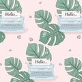 Monstera leaves and typewrite illustration pattern. Vector tropical summer decoration. Cute girly fashion art, t-shirt