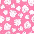 Monstera palm leaf seamless pattern. Vector cute pink tropical leaves print for fabric, fresh summer decor, funny Royalty Free Stock Photo