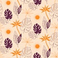 Monstera and palm leaves. Plants pattern. Vector illustration. Royalty Free Stock Photo