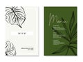 Monstera, palm leaves sketch, tropical jungle card template set in vector. Rustic design, weding card , invitation vertical