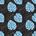 Monstera pattern blue leaves doodle , white contour on dark background.