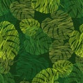 Monstera seamless background. Seamless pattern with decorative leaves. Scribble texture.
