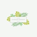 Monstera Tropical Leaves Fashion Sign or Logo Template. Abstract Green Foliage with Rectangle Border and Classy