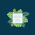 Monstera Tropical Leaves Fashion Sign or Logo Template. Abstract Green Foliage with Square Border and Classy Typography