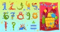 Monsters beasts characters numbers set icons, cute funny creatures for kids happy birthday card cartoon vector Royalty Free Stock Photo