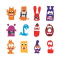 Monsters characters set flat with fun cheerful furious scary angry creatures isolated vector illustration