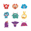 Monsters characters set flat with fun cheerful furious scary angry creatures isolated vector illustration