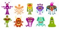 Monsters. Cute goblins and gremlins, scary aliens. Halloween funny trolls cartoon characters vector set Royalty Free Stock Photo