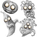 Monsters Halloween Creepy Cute and Funny Vector Cartoon Characters, set of 4 isolated on white