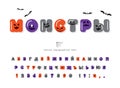 Monsters Halloween cyrillic font. Cartoon letters and numbers with cpooky creepy faces. Funny alphabet for kids. Easy to