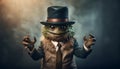 Monsters with hats and ties hold hands, creating a whimsical and playful scene with vibrant colors