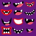 Monsters mouth set. Red cartoon mouths with teeth and tongue isolated