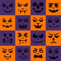 Monsters seamless pattern. Halloween faces silhouettes. Vampires, skeletons, demons stencil. Holiday cartoon characters