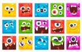 Monsters square avatars. Monsters kids portraits, comic strange mascot funny troll face geometric emoticon smile Royalty Free Stock Photo