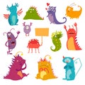 Monsters vector set. Kids cartoon toy, colorful cute character