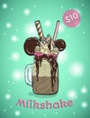 Monstershake In cartoon Style. Crazy Milkshake with cookies chocolate ice cream and candys. Hand Drawn Creative Dessert