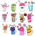 Monstershakes in jars. Big milkshakes hand drawn icons. Isolated design elements for drinks menu