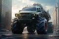 A monstertruck in a city driving Royalty Free Stock Photo