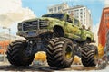 A monstertruck in a city driving Royalty Free Stock Photo