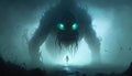 A monstrous apparition stalks amongst the mist its dead eyes glowing with malice. Fantasy art. AI generation