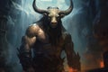 Monstrous Minotaur myth illustration. Generate Ai